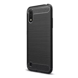   Szilikon telefonvédő (közepesen ütésálló, légpárnás sarok, szálcsiszolt, karbon minta) FEKETE Samsung Galaxy A01 (SM-A015F)