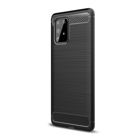 Szilikon telefonvédő (közepesen ütésálló, légpárnás sarok, szálcsiszolt, karbon minta) FEKETE Samsung Galaxy S10 Lite (SM-G770F) 