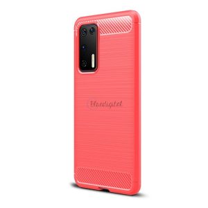 Szilikon telefonvédő (közepesen ütésálló, légpárnás sarok, szálcsiszolt, karbon minta) PIROS Huawei P40