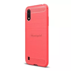   Szilikon telefonvédő (közepesen ütésálló, légpárnás sarok, szálcsiszolt, karbon minta) PIROS Samsung Galaxy A01 (SM-A015F)