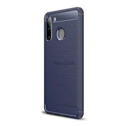   Szilikon telefonvédő (közepesen ütésálló, légpárnás sarok, szálcsiszolt, karbon minta) SÖTÉTKÉK Samsung Galaxy A21 (SM-A210F)