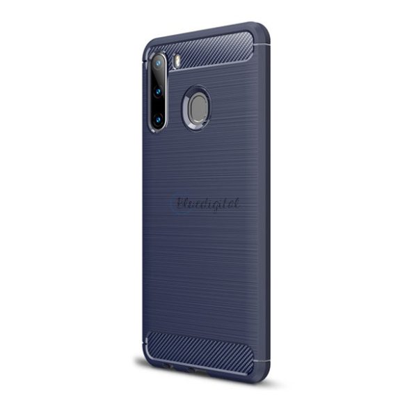 Szilikon telefonvédő (közepesen ütésálló, légpárnás sarok, szálcsiszolt, karbon minta) SÖTÉTKÉK Samsung Galaxy A21 (SM-A210F)
