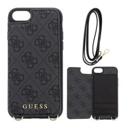   CG MOBILE GUESS 4G Crossbody műanyag telefonvédő (kihajtható textil hátlap, bankkártya tartó + nyakpánt) SZÜRKE Apple iPhone 7 4.7, Apple iPhone 8 4.7, Apple iPhone SE 2 (2020), Apple iPhone 