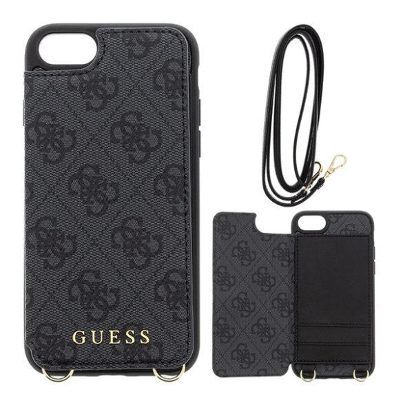 CG MOBILE GUESS 4G Crossbody műanyag telefonvédő (kihajtható textil hátlap, bankkártya tartó + nyakpánt) SZÜRKE Apple iPhone 7 4.7, Apple iPhone 8 4.7, Apple iPhone SE 2 (2020), Apple iPhone 