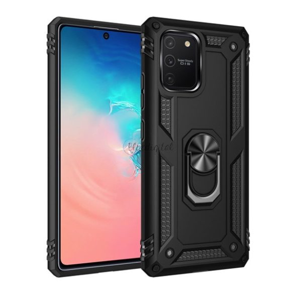 Defender műanyag telefonvédő (közepesen ütésálló, szilikon belső, telefontartó gyűrű, beépített fémlemez) FEKETE Samsung Galaxy S10 Lite (SM-G770F) 