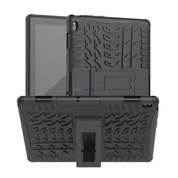 Defender műanyag telefonvédő (közepesen ütésálló, szilikon belső, kitámasztó, autógumi minta) FEKETE Lenovo Tab E10 (TB-X104F)