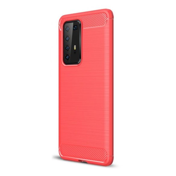 Szilikon telefonvédő (közepesen ütésálló, légpárnás sarok, szálcsiszolt, karbon minta) PIROS Huawei P40 Pro 5G