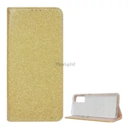   Tok álló, bőr hatású (FLIP, szilikon belső, oldalra nyíló, asztali tartó funkció, bankkártya tartó, csillogó) ARANY Samsung Galaxy S20 (SM-G980F), Samsung Galaxy S20 5G (SM-G981U)