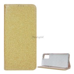  Tok álló, bőr hatású (FLIP, szilikon belső, oldalra nyíló, asztali tartó funkció, bankkártya tartó, csillogó) ARANY Samsung Galaxy S20 Plus (SM-G985F), Samsung Galaxy S20 Plus 5G (SM-G986