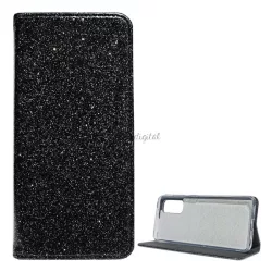   Tok álló, bőr hatású (FLIP, szilikon belső, oldalra nyíló, asztali tartó funkció, bankkártya tartó, csillogó) FEKETE Samsung Galaxy S20 (SM-G980F), Samsung Galaxy S20 5G (SM-G981U)