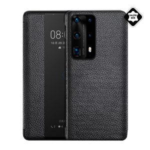 Tok álló, valódi bőr (aktív FLIP, oldalra nyíló, Smart View Cover) FEKETE Huawei P40