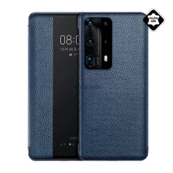   Tok álló, valódi bőr (aktív FLIP, oldalra nyíló, Smart View Cover) SÖTÉTKÉK Huawei P40