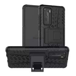   Defender műanyag telefonvédő (közepesen ütésálló, szilikon belső, kitámasztó, autógumi minta) FEKETE Huawei P40