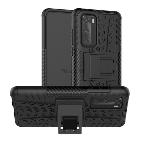 Defender műanyag telefonvédő (közepesen ütésálló, szilikon belső, kitámasztó, autógumi minta) FEKETE Huawei P40