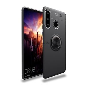 Szilikon telefonvédő (asztali tartó funkció, telefontartó gyűrű, 360°-ban forgatható, beépített fémlemez) FEKETE Huawei P40 Lite E / Y7p