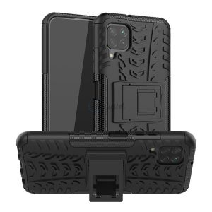Defender műanyag telefonvédő (közepesen ütésálló, szilikon belső, kitámasztó, autógumi minta) FEKETE Huawei P40 Lite 4G / Nova 6 SE