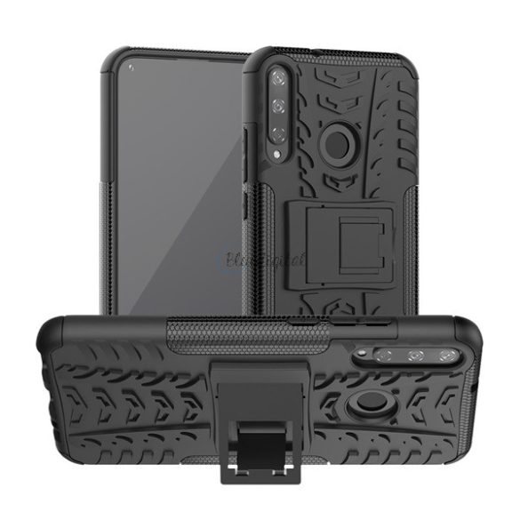 Defender műanyag telefonvédő (közepesen ütésálló, szilikon belső, kitámasztó, autógumi minta) FEKETE Huawei P40 Lite E / Y7p