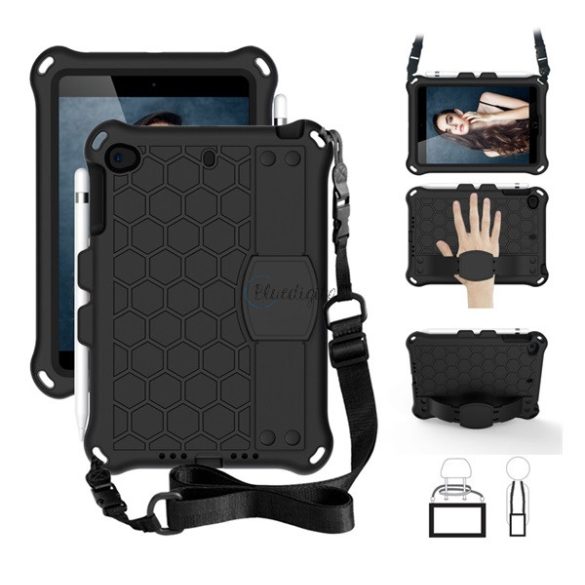 Defender szilikon telefonvédő (ütésállóság, kitámasztó, méhsejt + kézpánt, vállpánt) FEKETE Apple IPAD mini 4, Apple IPAD mini 5 (2019)