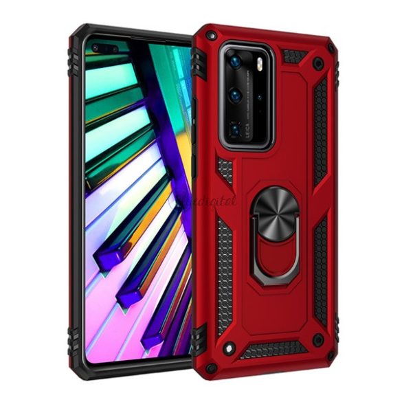 Defender műanyag telefonvédő (közepesen ütésálló, szilikon belső, telefontartó gyűrű, beépített fémlemez) PIROS Huawei P40 Pro 5G, Huawei P40 Pro+ 5G