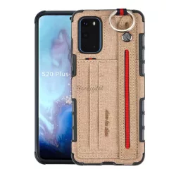   Szilikon telefonvédő (közepesen ütésálló, asztali tartó funkció, bankkártya tartó, textil hátlap + kézpánt) BARNA Samsung Galaxy S20 (SM-G980F), Samsung Galaxy S20 5G (SM-G981U)