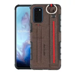   Szilikon telefonvédő (közepesen ütésálló, asztali tartó funkció, bankkártya tartó, textil hátlap + kézpánt) SÖTÉTBARNA Samsung Galaxy S20 (SM-G980F), Samsung Galaxy S20 5G (SM-G981U)