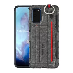   Szilikon telefonvédő (közepesen ütésálló, asztali tartó funkció, bankkártya tartó, textil hátlap + kézpánt) SZÜRKE Samsung Galaxy S20 (SM-G980F), Samsung Galaxy S20 5G (SM-G981U)