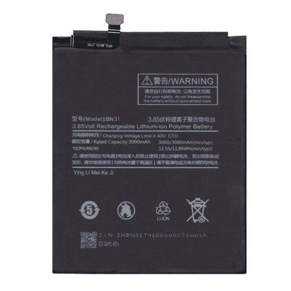 Akku 3080mAh LI-Polymer (BN31 kompatibilis) Xiaomi Redmi Note 5A, Xiaomi Mi A1 (Mi 5X), Xiaomi Redmi S2 (Redmi Y2), Xiaomi Redmi Note 5A Prime