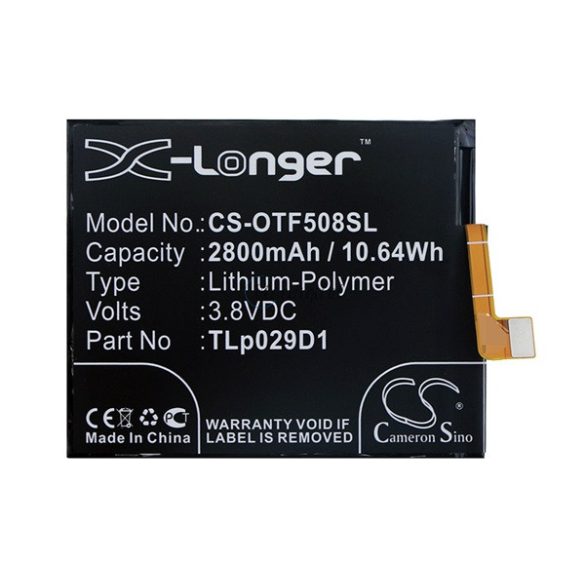 CAMERON SINO Li-Polymer akku (3.8V/2800mAh, Vodafone TLp029D1 kompatibilis) FEKETE Vodafone Smart N9 (VFD720), Alcatel 3 (2018) OT-5052, Alcatel 3L (2019) OT-5034D