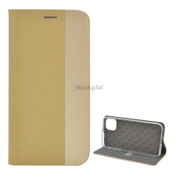 Tok álló, bőr hatású (FLIP, oldalra nyíló, asztali tartó funkció, textil minta) ARANY Apple iPhone 11 Pro
