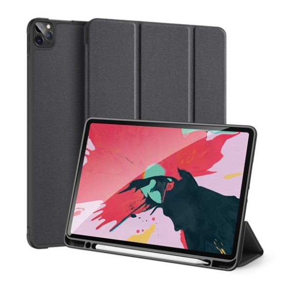 DUX DUCIS DOMO tok álló, bőr hatású (aktív, oldalra nyíló, TRIFOLD, asztali tartó, ceruza tartó, textil minta) FEKETE Apple IPAD Pro 11 (2020), Apple IPAD Pro 11 (2021), Apple IPAD Pro 11 (2018), Apple IPAD Air 2020 (Air 4), Apple IPAD Air 2022