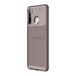   Szilikon telefonvédő (közepesen ütésálló, légpárnás sarok, karbon minta) BARNA Samsung Galaxy A21 (SM-A210F)
