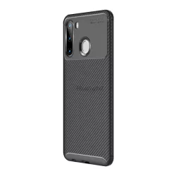   Szilikon telefonvédő (közepesen ütésálló, légpárnás sarok, karbon minta) FEKETE Samsung Galaxy A21 (SM-A210F)