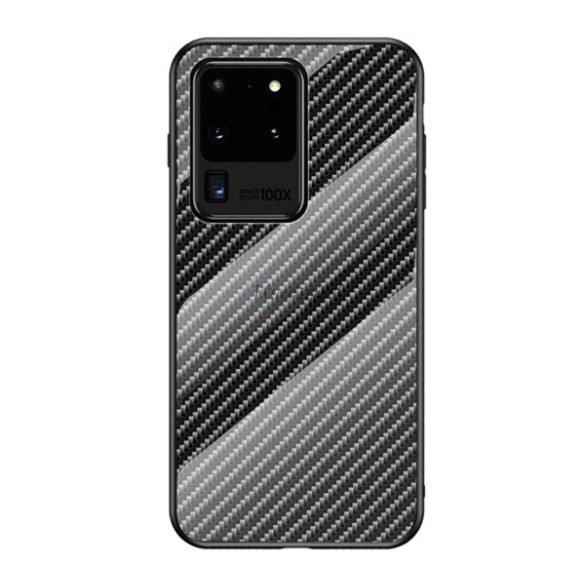 Telefonvédő szilikon keret (BUMPER, edzett üveg hátlap, karbon minta) FEKETE Samsung Galaxy S20 Ultra (SM-G988F), Samsung Galaxy S20 Ultra 5G (SM-G988B)
