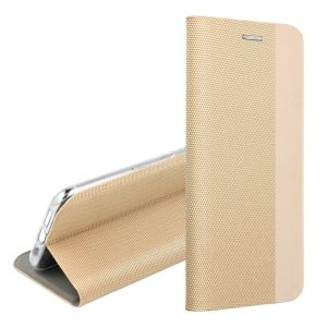 Tok álló, bőr hatású (FLIP, oldalra nyíló, asztali tartó funkció, textil minta) ARANY Huawei P30 Lite (Nova 4e)