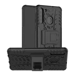   Defender műanyag telefonvédő (közepesen ütésálló, szilikon belső, kitámasztó, autógumi minta) FEKETE Samsung Galaxy A21 (SM-A210F)