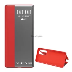   Tok álló, bőr hatású (FLIP, oldalra nyíló, asztali tartó funkció, hívószámkijelzés, Window) PIROS Huawei P40