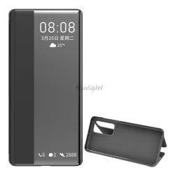   Tok álló, bőr hatású (FLIP, oldalra nyíló, asztali tartó funkció, hívószámkijelzés, Window) FEKETE Huawei P40