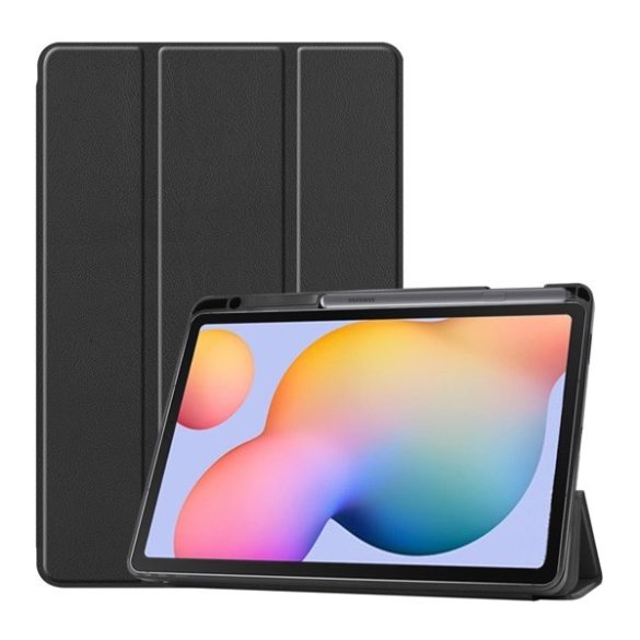 Tok álló, bőr hatású (aktív FLIP, oldalra nyíló, TRIFOLD, asztali tartó, ceruza tartó) FEKETE Samsung Galaxy Tab S6 Lite 10.4 WIFI (SM-P610) 2020, Samsung Galaxy Tab S6 Lite 10.4 LTE (SM-P615) 2020, Samsung Galaxy Tab S6 Lite 10.4 WIFI (SM-P613) 2022