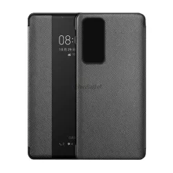   Tok álló, bőr hatású (aktív FLIP, oldalra nyíló, View Window, textil minta) FEKETE Huawei P40