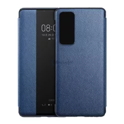   Tok álló, bőr hatású (aktív FLIP, oldalra nyíló, View Window, textil minta) KÉK Huawei P40