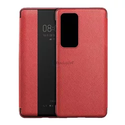   Tok álló, bőr hatású (aktív FLIP, oldalra nyíló, View Window, textil minta) PIROS Huawei P40
