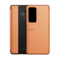   Tok álló, bőr hatású (aktív FLIP, oldalra nyíló, View Window, textil minta) BARNA Huawei P40