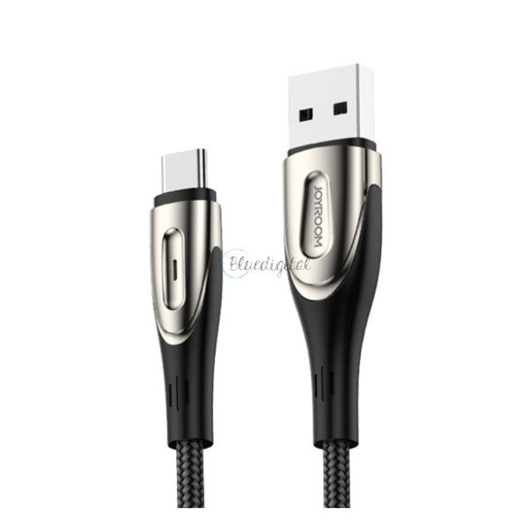 JOYROOM SHARP adatkábel (USB - Type-C, gyorstöltő, 300cm, nylon, törésgátló, cipőfűző, LED jelzés) FEKETE