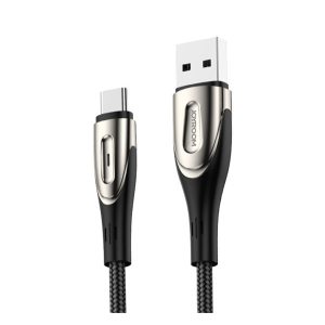 JOYROOM SHARP adatkábel (USB - Type-C, gyorstöltő, 200cm, nylon, törésgátló, cipőfűző, LED jelzés) FEKETE