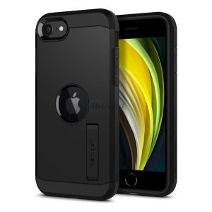 SPIGEN TOUGH ARMOR műanyag telefonvédő (szilikon keret, közepesen ütésálló, kitámasztó, logó kivágás) FEKETE Apple iPhone SE 2 (2020), Apple iPhone SE 3 (2022)
