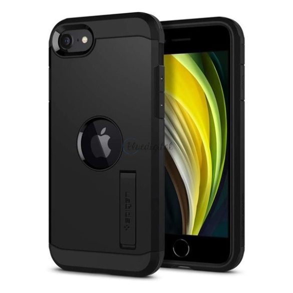 SPIGEN TOUGH ARMOR műanyag telefonvédő (szilikon keret, közepesen ütésálló, kitámasztó, logó kivágás) FEKETE Apple iPhone SE 2 (2020), Apple iPhone SE 3 (2022)
