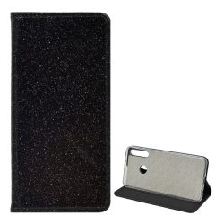   Tok álló, bőr hatású (FLIP, szilikon belső, oldalra nyíló, asztali tartó funkció, bankkártya tartó, csillogó) FEKETE Huawei P40 Lite E / Y7p