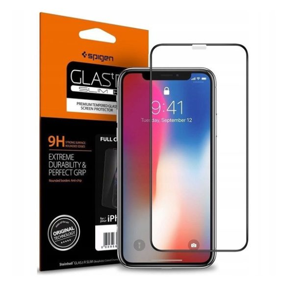 SPIGEN FC képernyővédő üveg (2.5D, ujjlenyomatmentes, extra karcálló, 9H, ultravékony, 0.3mm, színkiemelés) FEKETE Apple iPhone XR 6.1, Apple iPhone 11