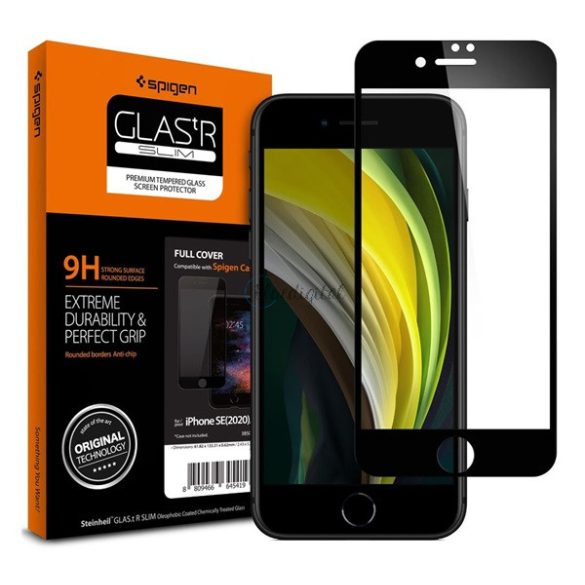 SPIGEN FC képernyővédő üveg (2.5D, ujjlenyomatmentes, extra karcálló, 9H, ultravékony, 0.3mm, színkiemelés) FEKETE Apple iPhone 7 4.7, Apple iPhone 8 4.7, Apple iPhone SE 2 (2020), Apple iPh