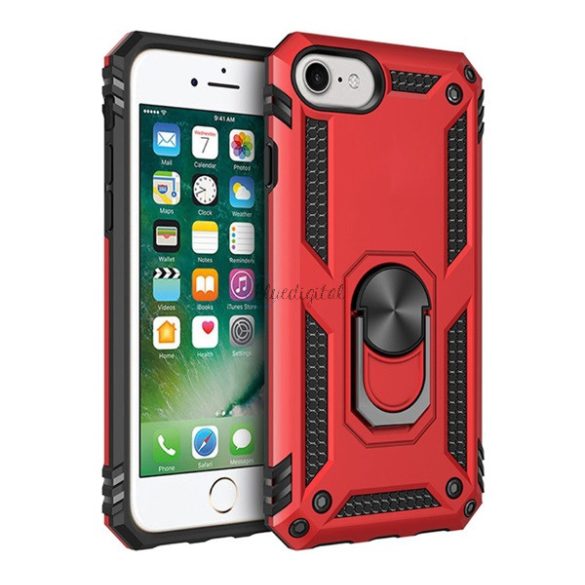 Defender műanyag telefonvédő (közepesen ütésálló, szilikon belső, telefontartó gyűrű, beépített fémlemez) PIROS Apple iPhone 7 4.7, Apple iPhone 8 4.7, Apple iPhone SE 2 (2020), Apple i